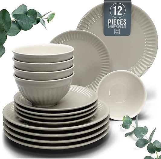 Stoneware Dinnerware Set for 4 People HYGGE 12-Piece - Elegant Scandi Design - Premium Dish Set - Bowl and Plate Set - Tableware for 4 People in a Ribbed Design - Pure Living in Light Brown