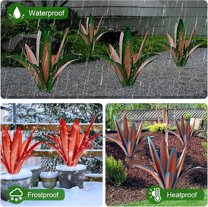 TOMBABY Enlarge thickened Wind Resistant Metal Agave Garden Art Plant Country Sculpture Statue Outdoor decoration Courtyard Lawn Ornament Gift (12 Leaves Green 2 pcs) (TB-410-415)
