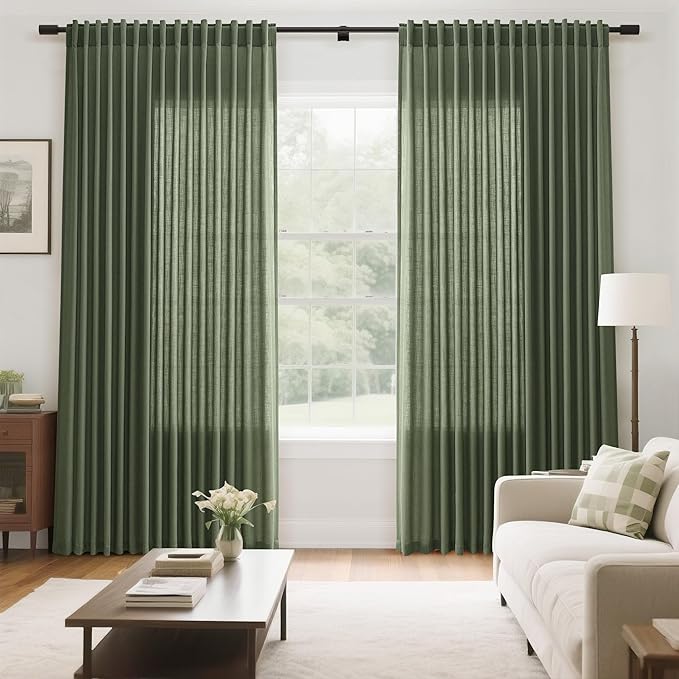 Olive Green Large Window Curtains Light Filtering Semi Sheer Privacy Linen - Image 7