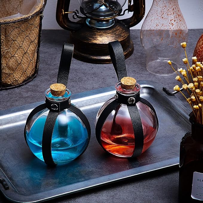 Patelai 6 Pcs Halloween Glass Potion Bottles with Belt Cork Renaissance Witch Costume Accessories Witch Props Potion Bottle for Halloween Party Decor Cosplay DIY Crafts Gift (Black)