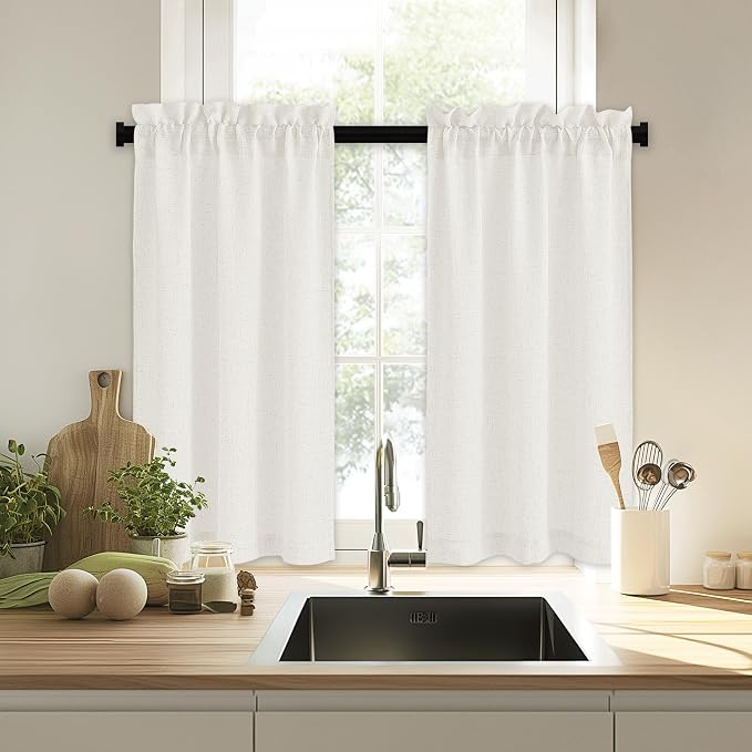 RYB HOME Kitchen Curtains, 30 inches Long Linen Rod Pocket Semi Sheer Cuartins - Image 7