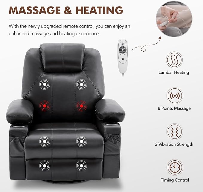 Swivel Rocker Recliner Chair with Heat and Massage, 360 Degree Swivel Rocking Single Sofa with Cup Holders and USB Port, Large Big Recliner Chair for Living Room (Leather, Black)
