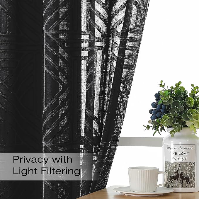 Simplebrand Semi Sheer Black Curtains 36 Inch Length 2 Panels, Geometric - Image 3