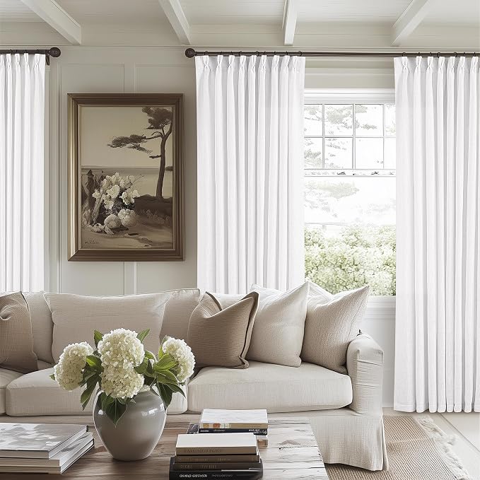 60 Inch Width Curtains 96 Inch White Linen Curtains Pinch Pleated | Linen Blend - Image 5