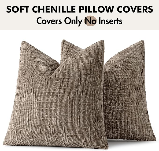 MIULEE Chenille Textured Euro Pillow Covers Taupe Grey 24x24 Set of 2 | Slubby - Image 9