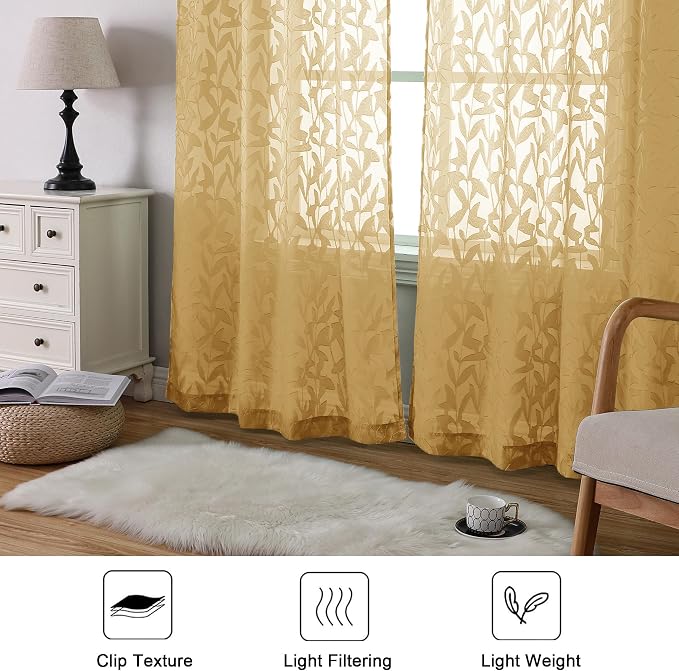 Lecloud Leia Dark Gold Sheer Curtains 90 Inches Long 2 Panels, Textured French - Image 3