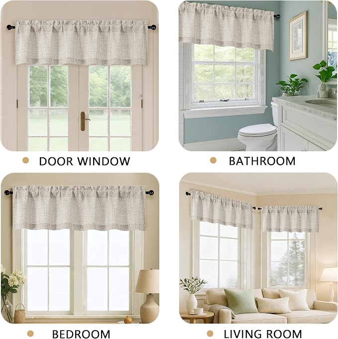 OVZME Valance for Windows, Light Filtering Faux Linen Textured Small Cafe - Image 5