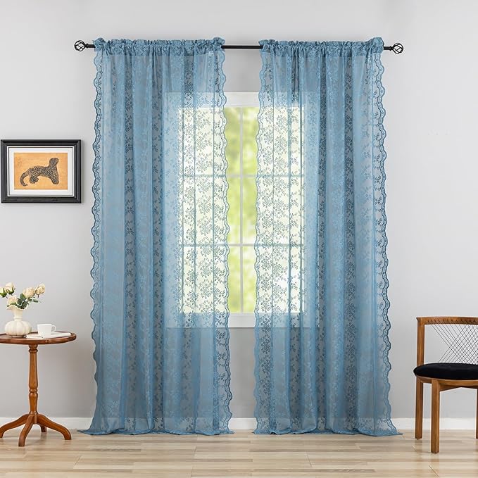YJ YANJUN Vintage Lace Curtains 84 Inch Length-Dusty Blue Floral Sheer Curtains - Image 2