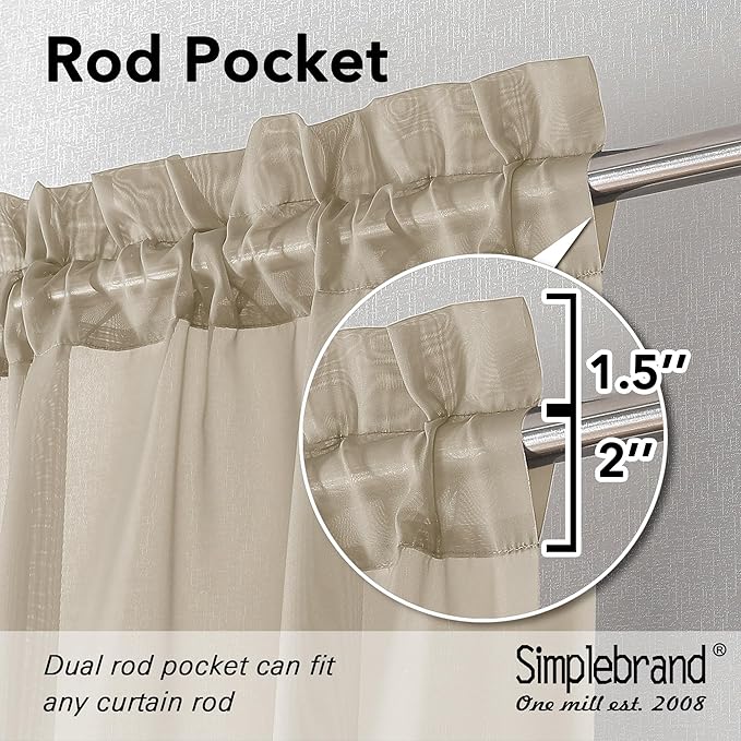 Simplebrand Taupe Sheer Curtains 63 Inch Length 2 Panels, Rod Pocket Solid - Image 2