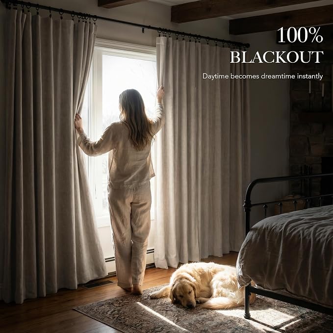 RYB HOME Natural Beige 100% Blackout Linen Curtains 78 inch Long, Thermal - Image 3