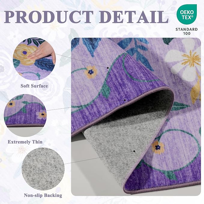 DUKINO 2x10 Runner Rug, Floral Washable Kitchen Runner Rug Non Slip, Low Pile - Image 5