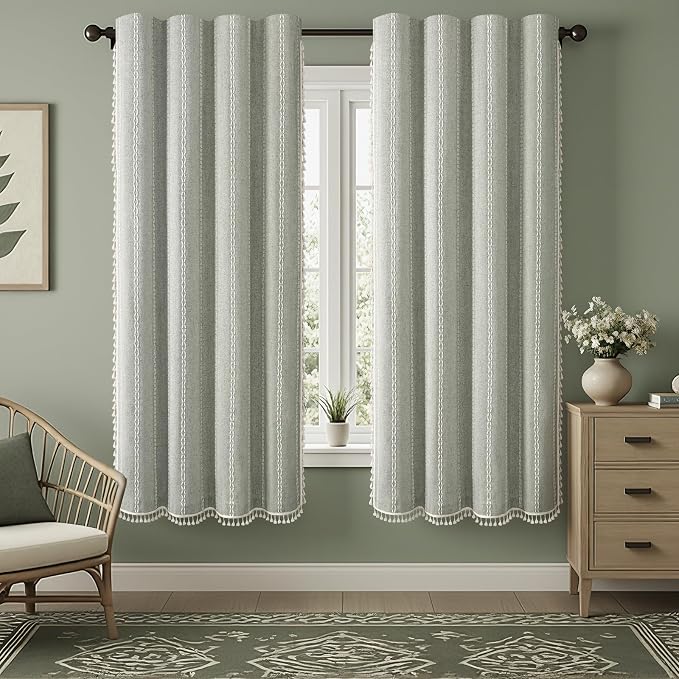 Boho Blackout Curtains 72 Inches Long Sage Green Linen Blend 2 Panels by Unknown