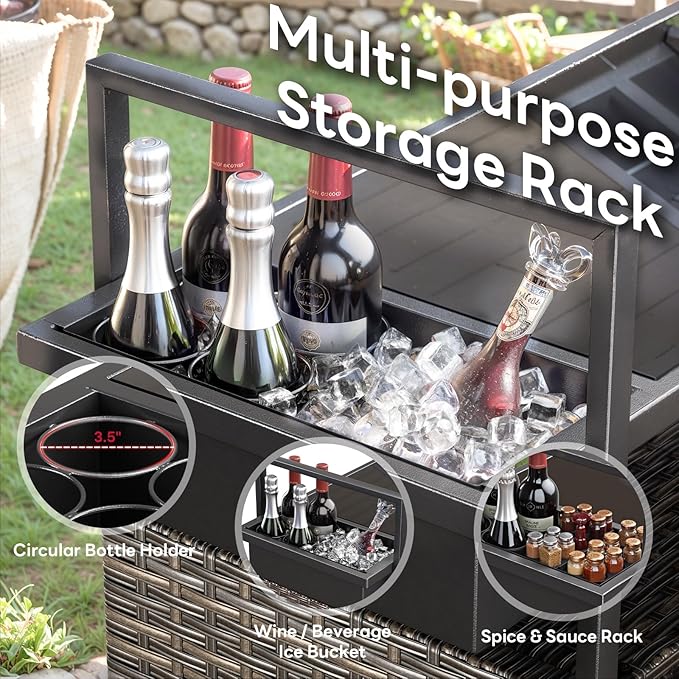 Outdoor Bar Cart with Storage Cabinet, Patio Bar Table with Tempered Glass Tabletop, Outdoor Serving Grill Cart with Rolling Wheels, Rattan Bar Cart for Patio, Backyard, Grey Wicker