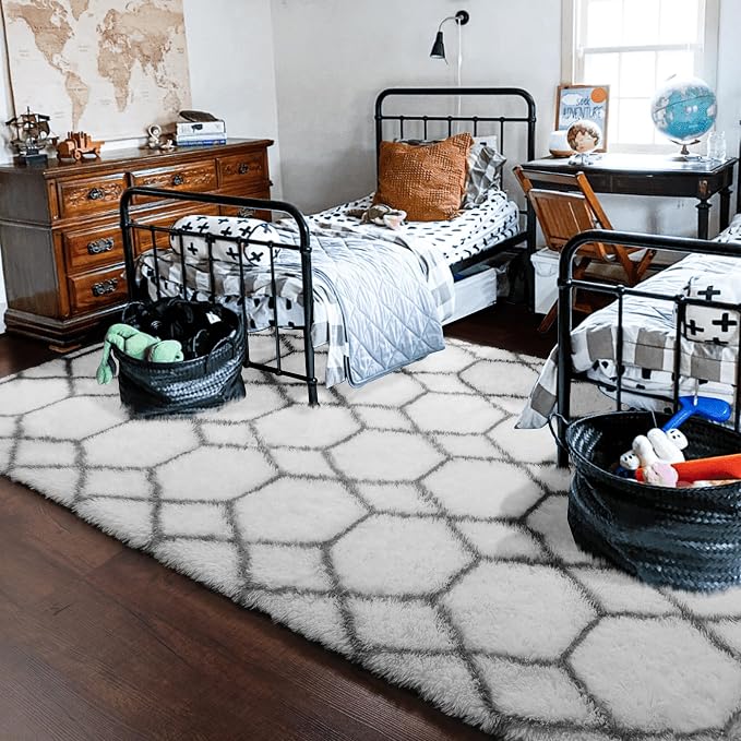 Area Rugs for Bedroom Living Room, 4x6 Fluffy White and Grey Geometric Rug | - Image 9