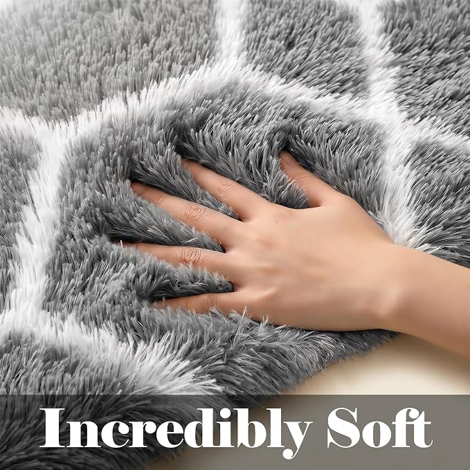 Area Rugs for Living Room, 5x8 Fluffy Grey and White Bedroom Geometric Rug | - Image 2