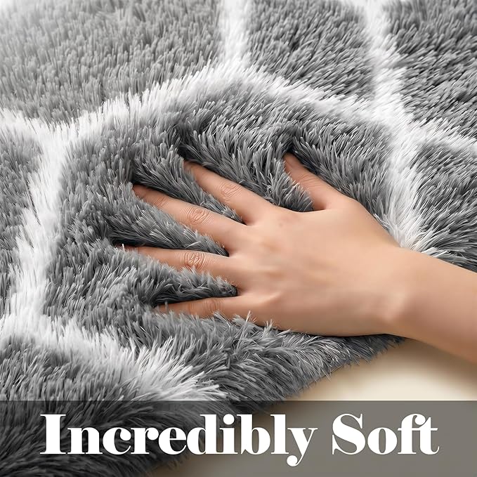 8x10 Area Rugs for Living Room, Fluffy Grey and White Bedroom Geometric Rug | - Image 2