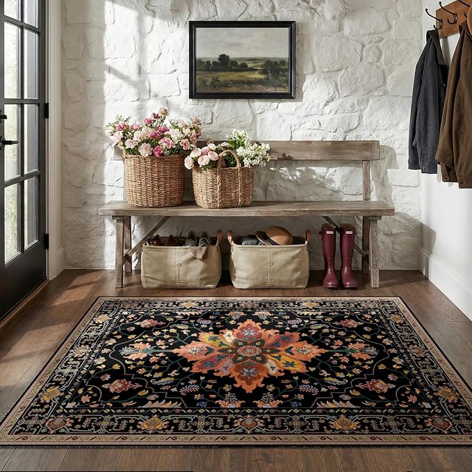 Area Rugs 4'x6' Washable Non-Slip, Floral Vintage Distress Print Pattern - Image 2