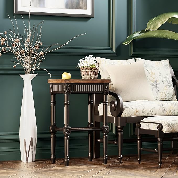 Rustic Farmhouse Cottagecore Accent End Table Set of 2, Distressed Accent Side Table with Espresso Tray Top and Woven Wicker Shelf, Boho, French Country Decor, Square, Weathered Brown & Black