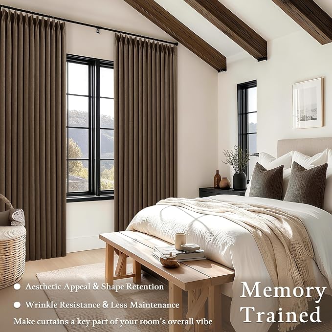 Thick Linen Pleated Brown Blackout Double Layer Curtains 90 Inches Long | Room - Image 4