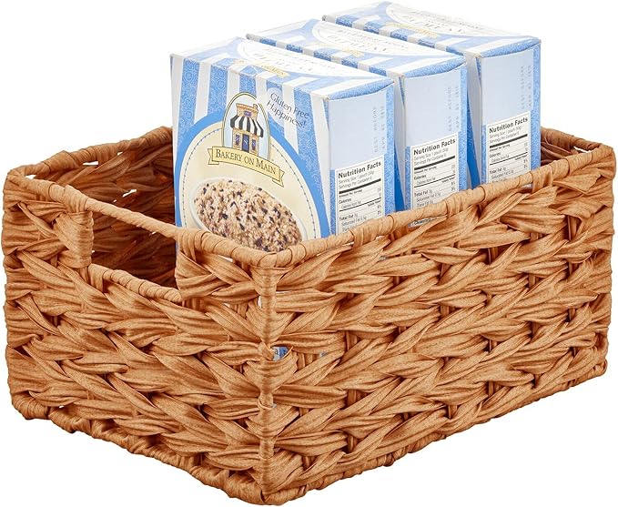 mDesign Woven Farmhouse Kitchen Pantry Food Storage Organizer Basket Bin Box - Container Organization for Cabinets, Cupboards, Shelves, Countertops - Store Potatoes, Onions, Fruit, 6 Pack, Camel Brown