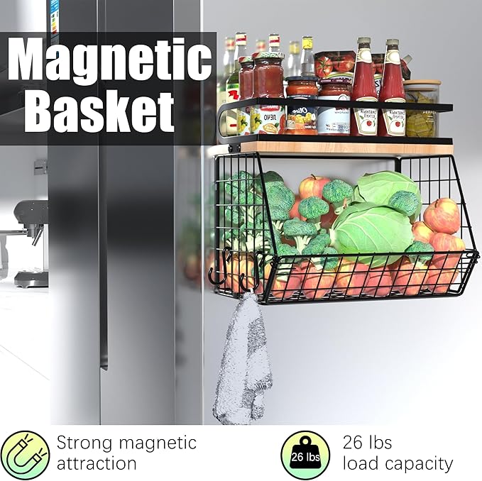 Magnetic Spice Rack for Refrigerator, Fruit, Potato & Onion Storage Bin,Large Capacity Magnetic Shelves for Side of Refrigerator, Kitchen Organizers and Storage Countertop,1 Pack Black