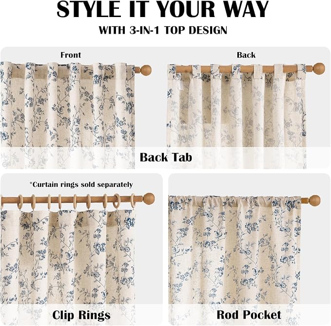 Blue Vintage Floral Linen Curtains Farmhouse 38W X 84L 2 Panels | Elisa Series - Image 5