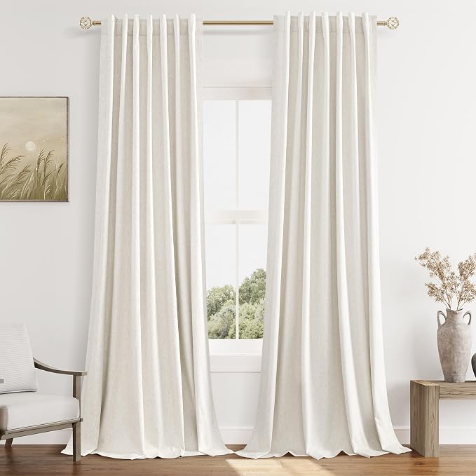 Beige White 100% Blackout Linen Curtains 96 Inch Length 2 Panels Set by Guken