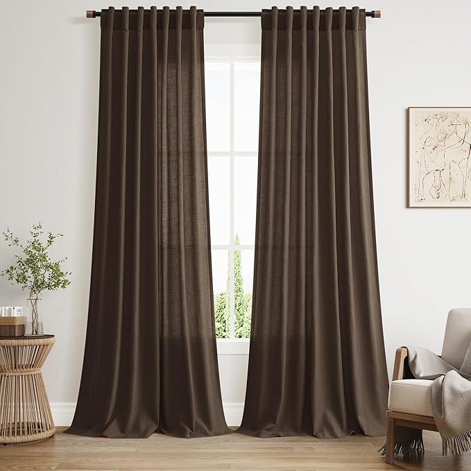 Nanspring Chocolate Linen Blend Light Filtering Back Tab Curtains 96 Inches Long by Nanspring