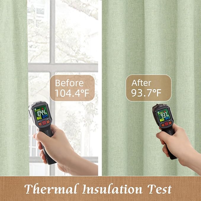45 Inch 100% Blackout Linen Bedroom Curtains 2 Panels, Light Green | Thermal - Image 4