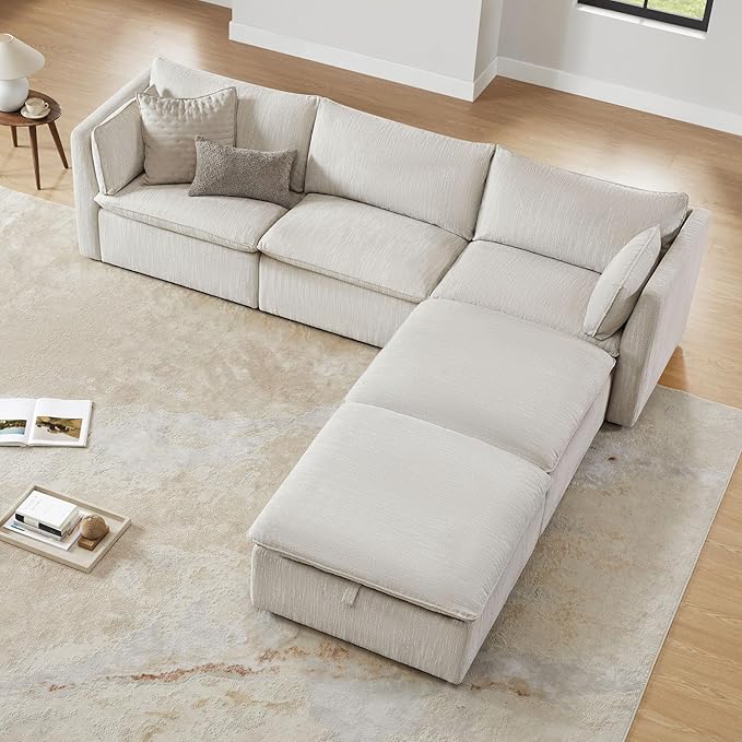 CHITA Sectional Modular Down Filled L Shape Sofa, Comfty Feather L Shape Cloud Couch,FSC Certified L Shaped Couch for Living Room, 114 inch Width,5 Seat with 2 Storage Ottomans, Snow