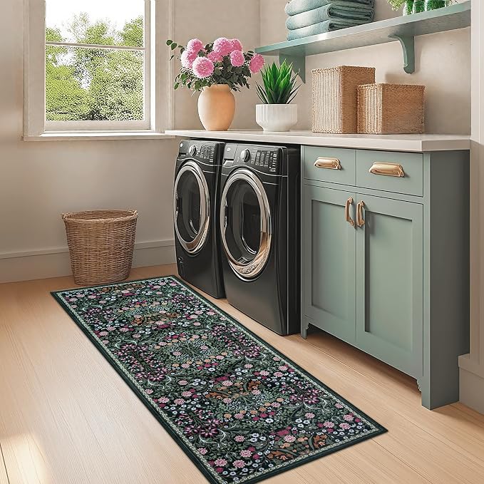 PLHXFR 2x6 Washable Runner Rug：Floral Indoor Kitchen Carpet Dark Green | - Image 4