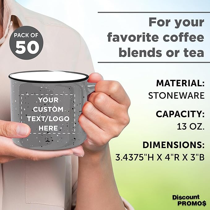 DISCOUNT PROMOS Custom Ceramic Campfire Coffee Mugs 13 oz. Set of 50, Personalized Bulk Pack - Perfect for Tea, Espresso, Cappuccino, Hot Cocoa - Grey