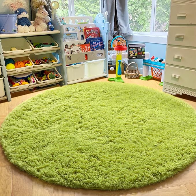 Grass Green Round Rug 4Ft for Bedroom, Fluffy Shag Circle Area Rugs for Kids - Image 6