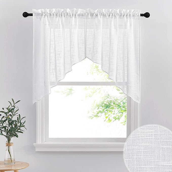 RYB HOME Short Kitchen Valances and Curtain Set, Privacy White Linen Swag by RYBHOME
