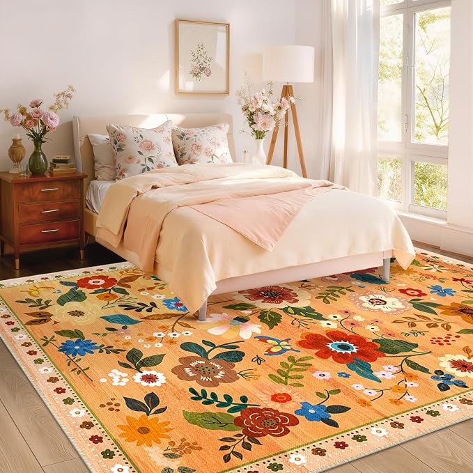 RELEANY Floral Washable 6x9 Area Rugs Yellow/Orange/Red | Flower Carpet Print - Image 6