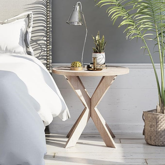 Farmhouse Cross Leg end Table, French Country Accent Side Table for Family, Dinning or Living Room, Small Spaces, Modern, Round, Vintage Grey Finish.