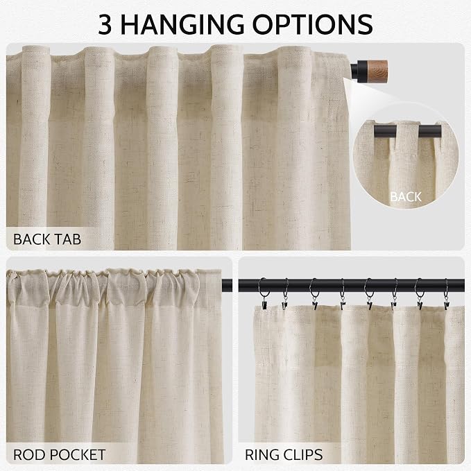 Boho Linen Curtains for Living Room 105 Inches Long Light Filtering Semi Sheer - Image 2