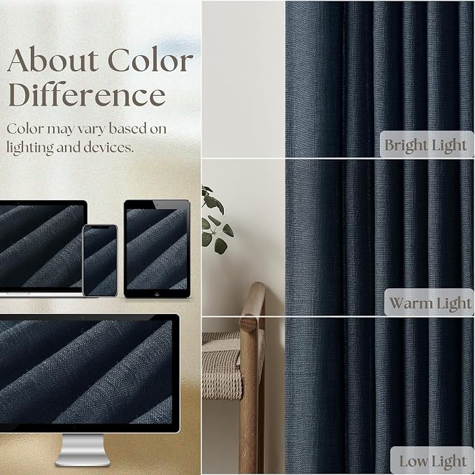 Navy Blue Linen Pinch Pleated Curtains 96 Inches Long 2 Panels | Semi Sheer - Image 4