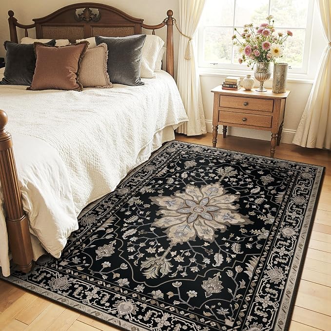Area Rugs 4'x6' Washable Non-Slip, Floral Vintage Distress Print Pattern - Image 2