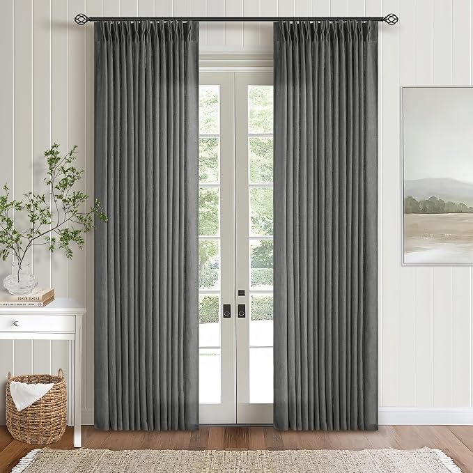 Charcoal Grey 84 Inch Pinch Pleated Linen Semi Sheer Curtains 2 Panel Set | by Twodrapes