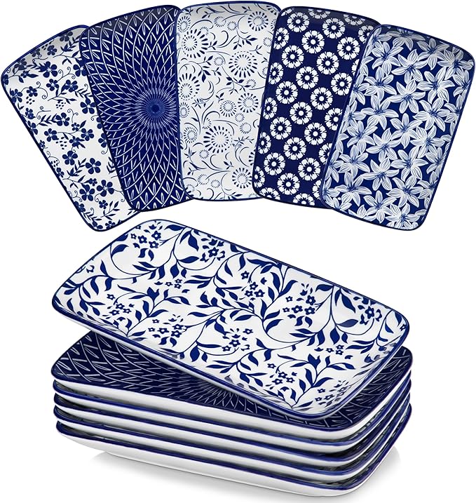 vancasso Selene 9.5 Inch Rectangular Dinner Plates Set of 6, Ceramic Salad Plates for Dessert, Appetizer, Porcelain Serving Platters for Entertaining, Microwave & Oven Safe, Vintage Blue & White Color