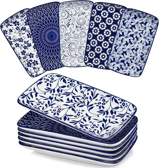 vancasso Selene 9.5 Inch Rectangular Dinner Plates Set of 6, Ceramic Salad Plates for Dessert, Appetizer, Porcelain Serving Platters for Entertaining, Microwave & Oven Safe, Vintage Blue & White Color