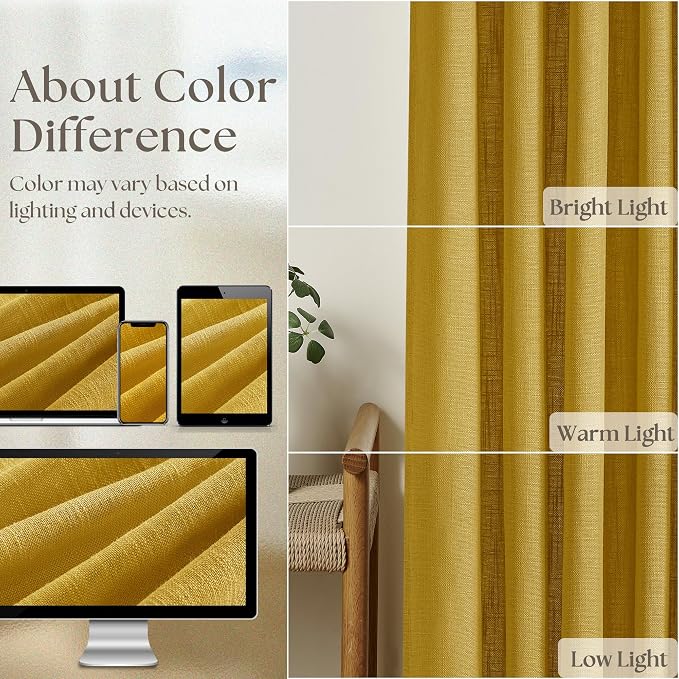 Mustard Yellow Pleated Semi Sheer Linen Curtains 120 Inches Long 2 Panel | - Image 4