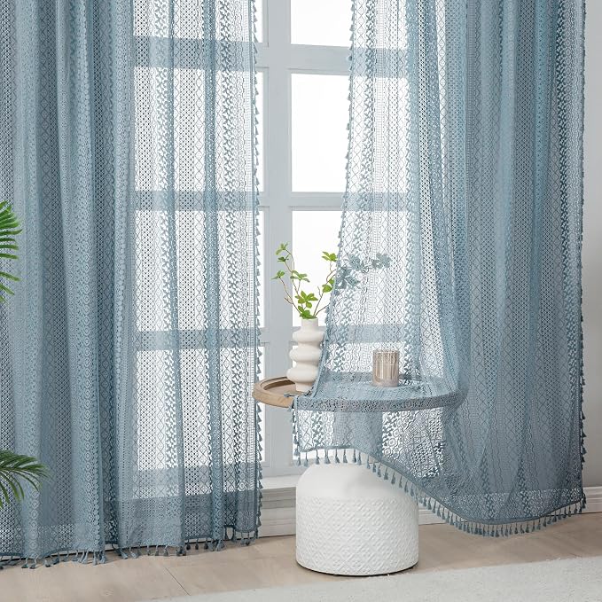 WAZZIO Boho Lace Curtains 84 Inches 2 Panel, Light Filtering Privacy Tassel & - Image 6