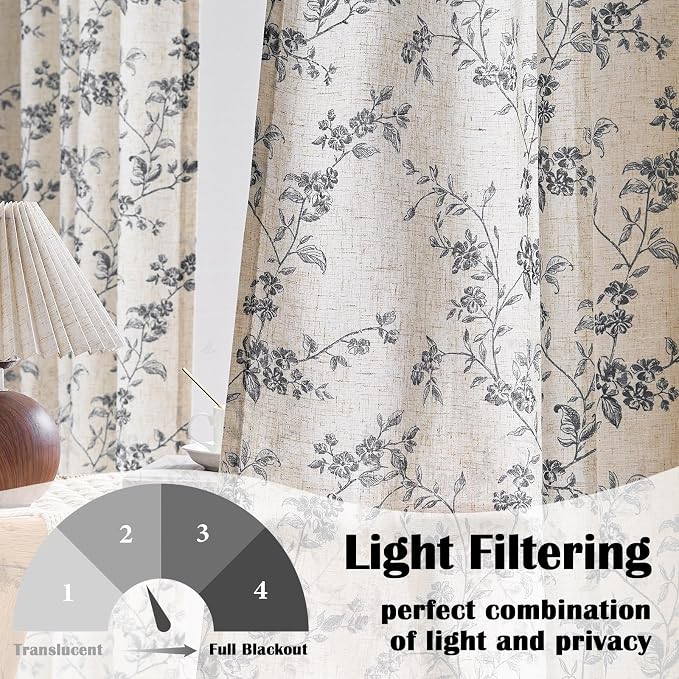 Lazzzy Black Floral Linen Curtains 96 Inch Farmhouse Back Tab Drapes - Image 2