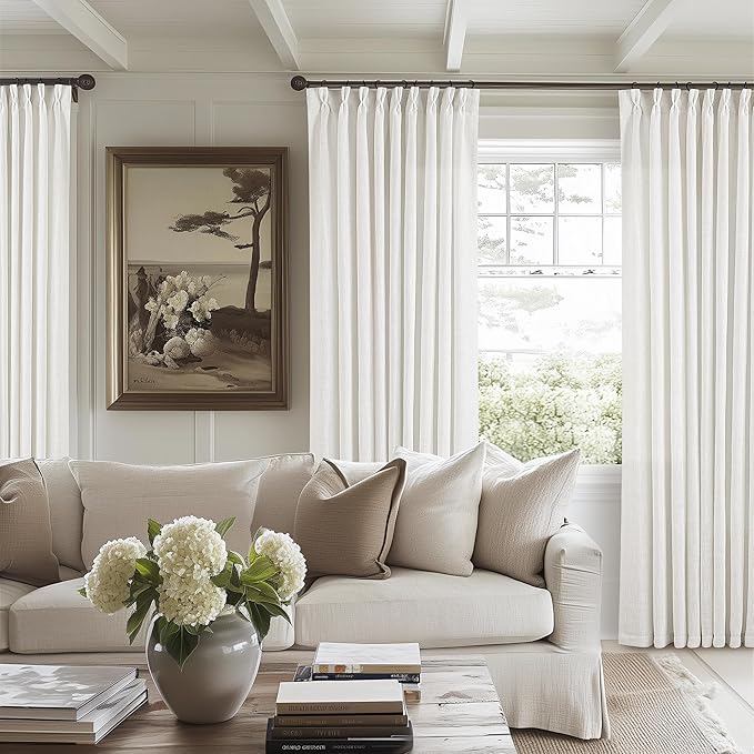 Pinch Pleated Linen 120 Inch Curtains 60 Inch Width Beige White | Light by Twodrapes