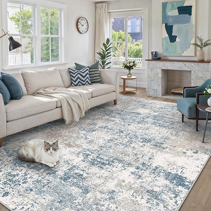 Blue 5x7 Area Rug Washable Modern Abstract Living Room Carpet Non Slip Neutral - Image 3