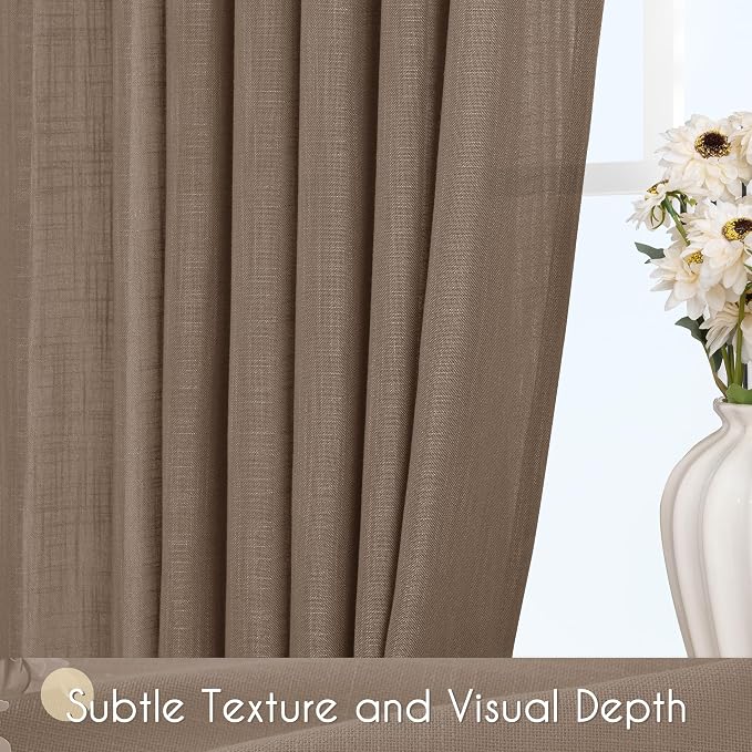 Chocolate Brown Linen Curtain 63 inch Length 2 Panels Set Back Tab Light - Image 3