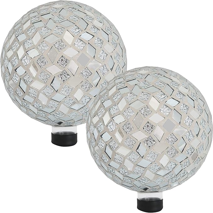 Sunnydaze 10-inch Gazing Ball for Garden - Crackled Glass Mosaic Gazing Globe for Outside - Mirrored Diamond Mosaic - 2-Pack