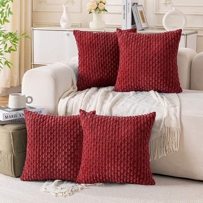 Set of 4 Burgundy Decorative Throw Pillow Covers 18x18 Inch Corduroy Pillow by Cozoomy
